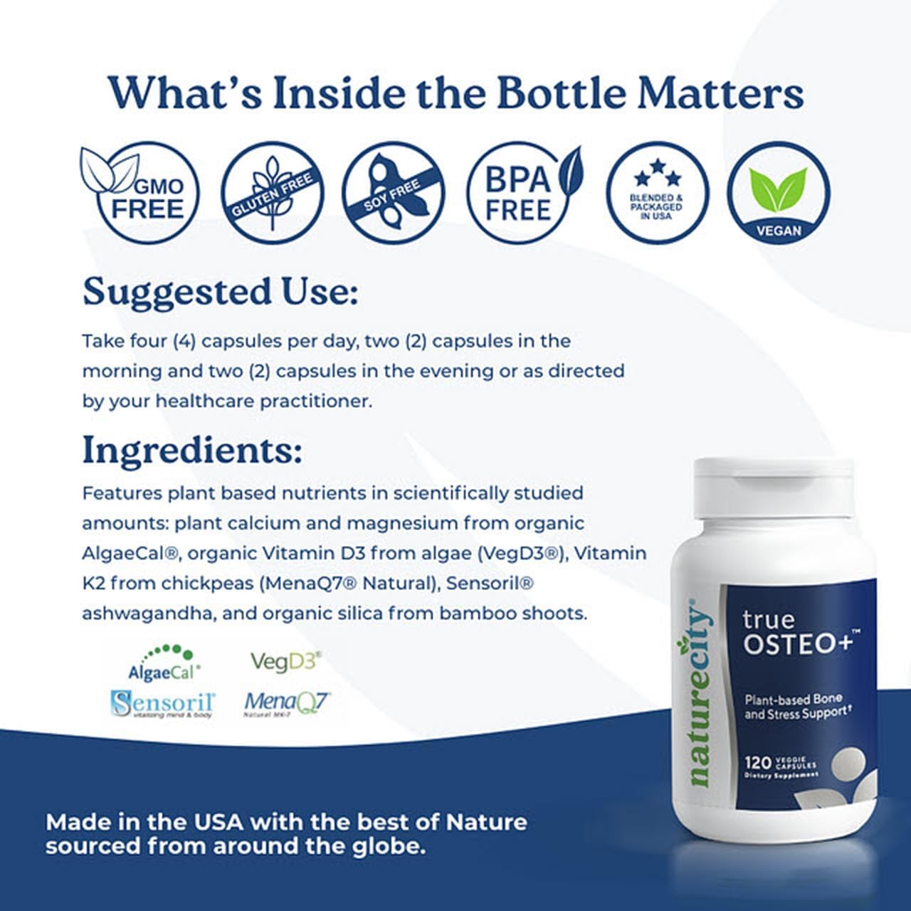Plant-Based Bone Health Supplement with AlgaeCal Calcium, Magnesium, Vitamin D3, K2, Silicon, Stress Support - 120 Capsules