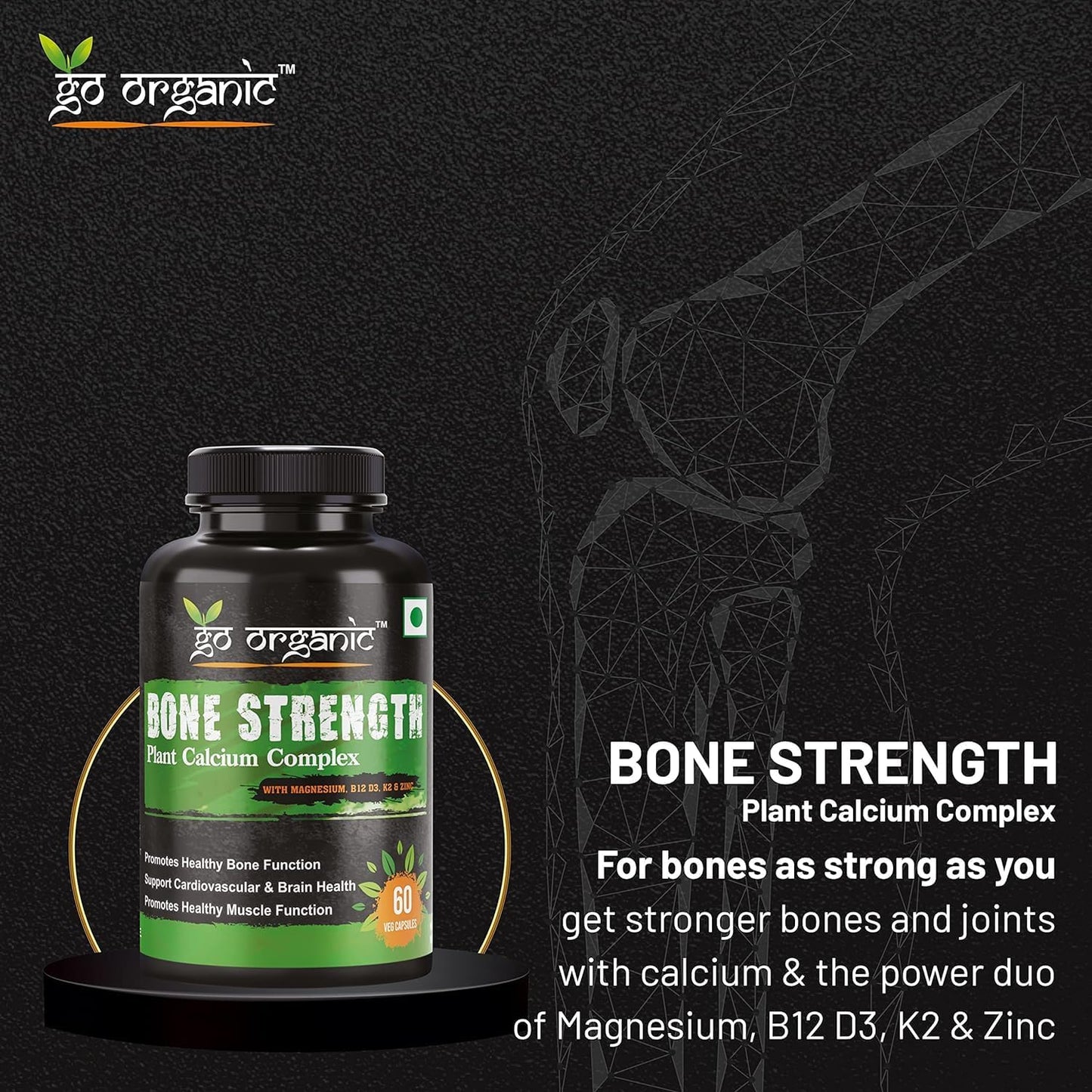 Plant-Based Bone Strength Supplement with 11 Essential Nutrients for Bone Health - GMO, Soy, Gluten Free - 60 Vegan Capsules