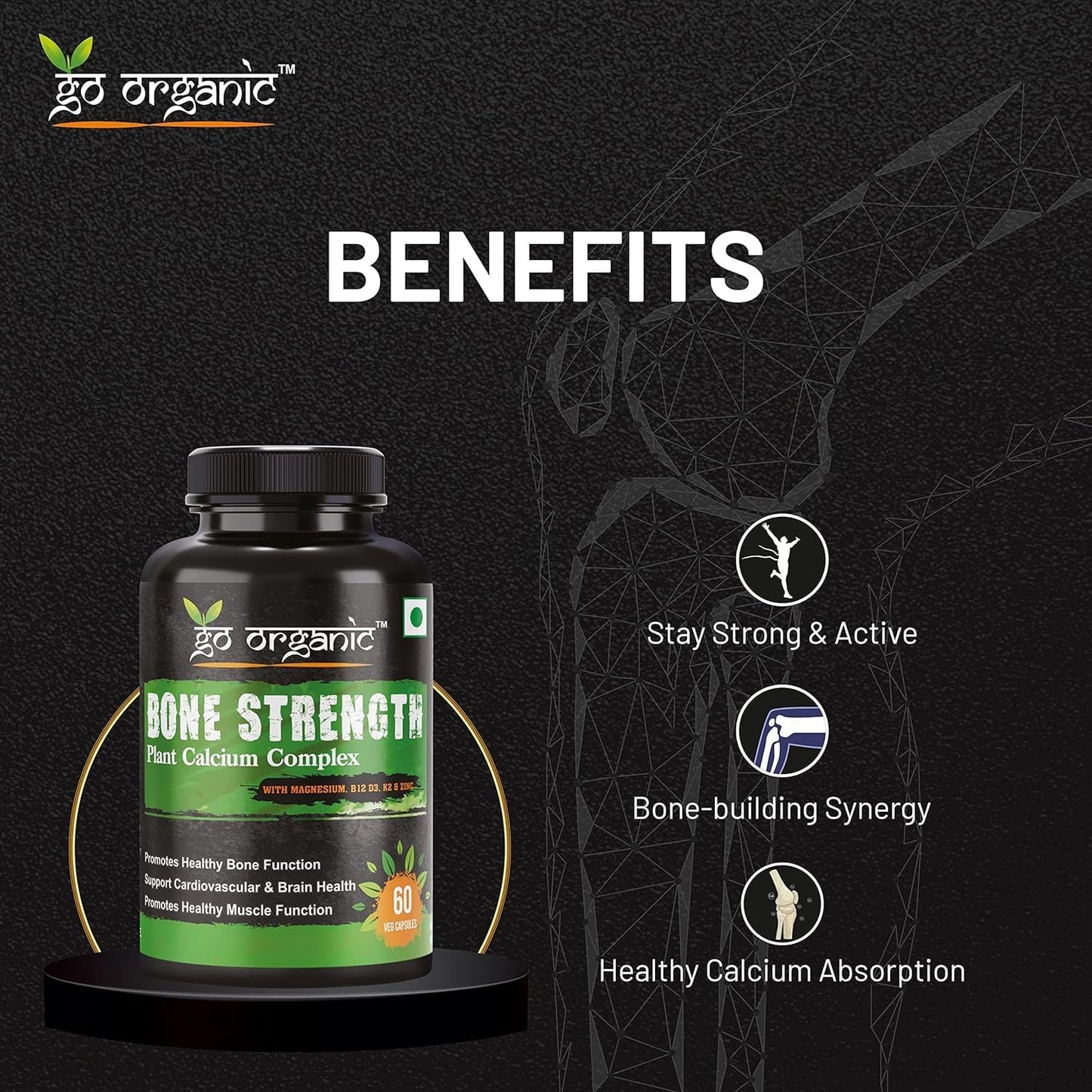 Plant-Based Bone Strength Supplement with 11 Essential Nutrients for Bone Health - GMO, Soy, Gluten Free - 60 Vegan Capsules