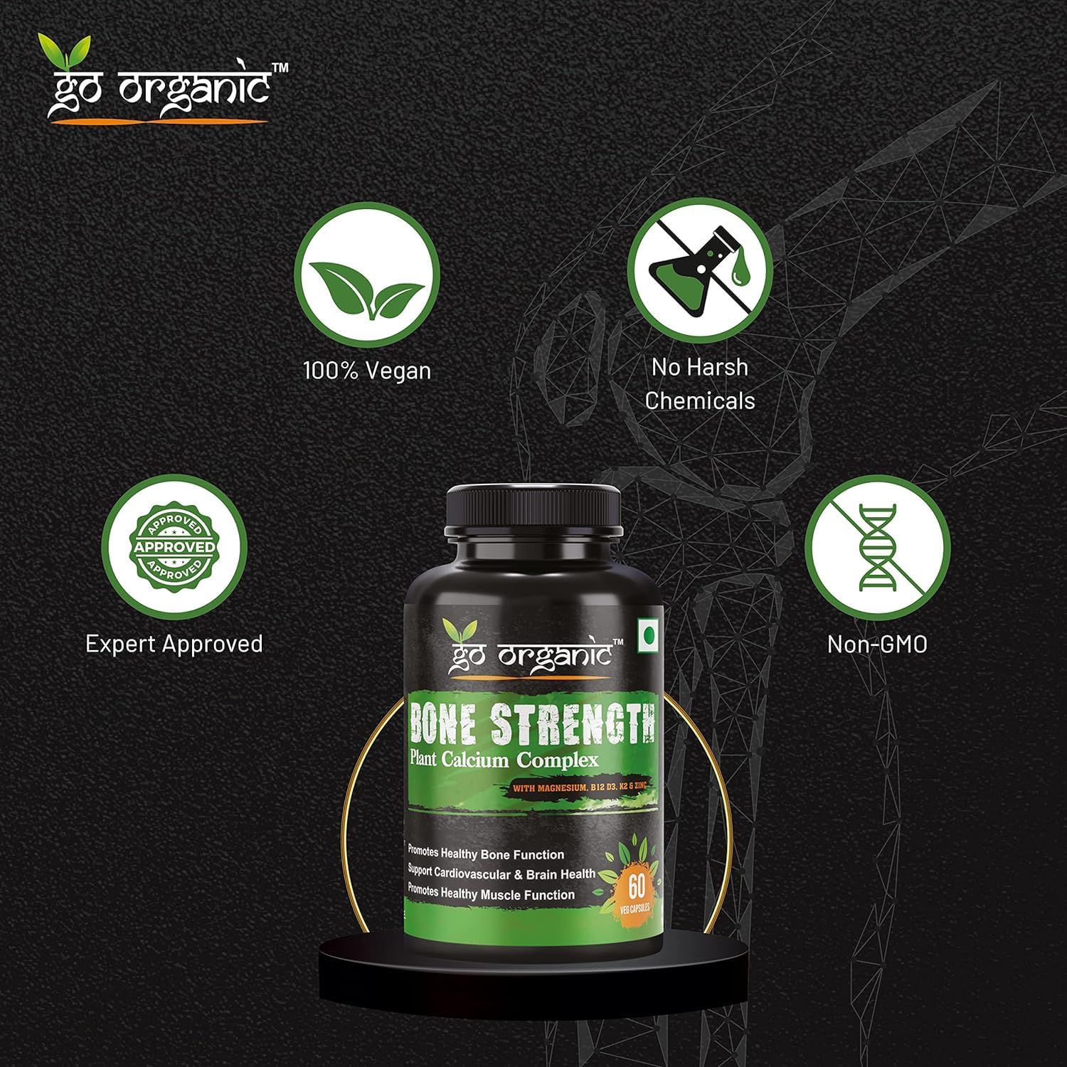 Plant-Based Bone Strength Supplement with 11 Essential Nutrients for Bone Health - GMO, Soy, Gluten Free - 60 Vegan Capsules