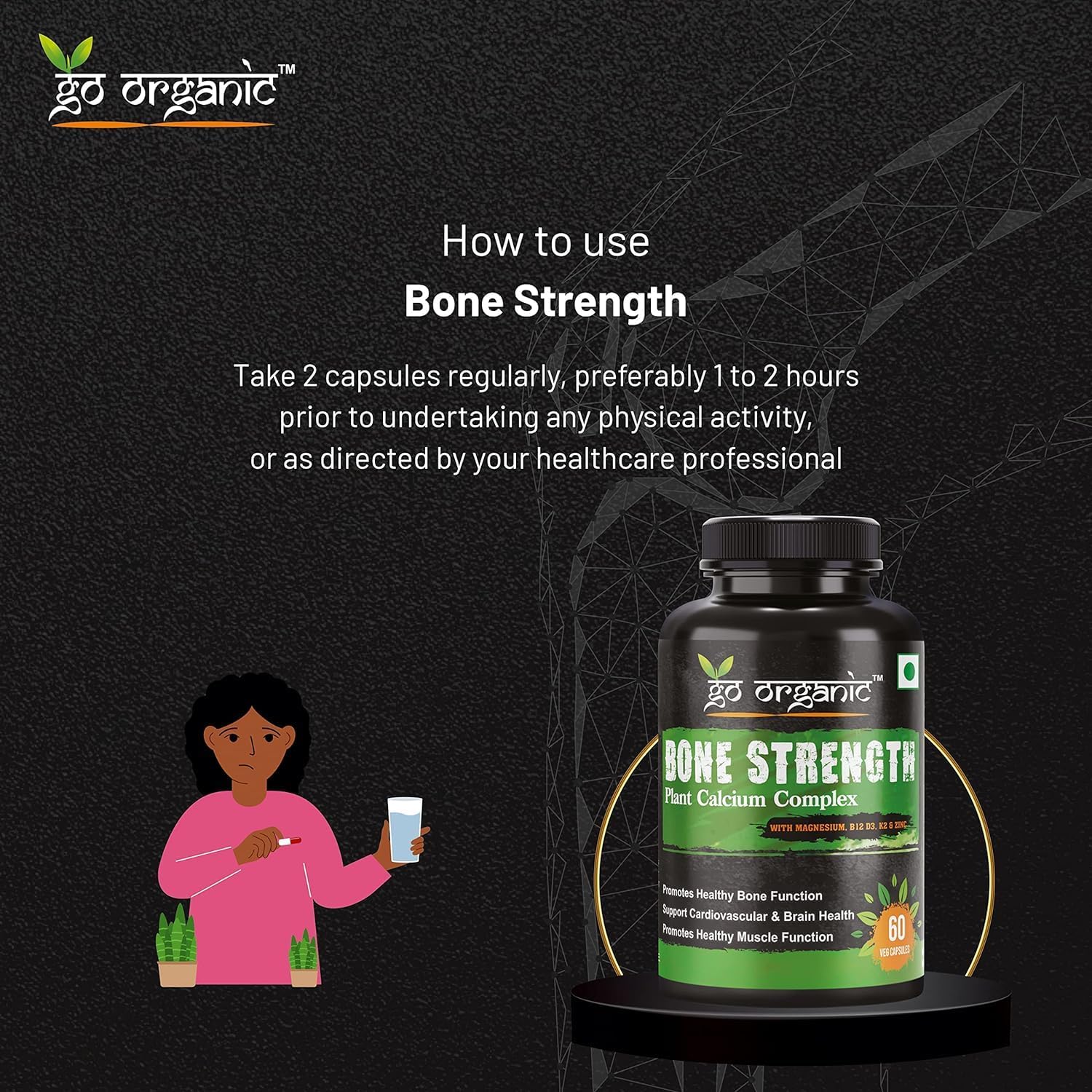 Plant-Based Bone Strength Supplement with 11 Essential Nutrients for Bone Health - GMO, Soy, Gluten Free - 60 Vegan Capsules