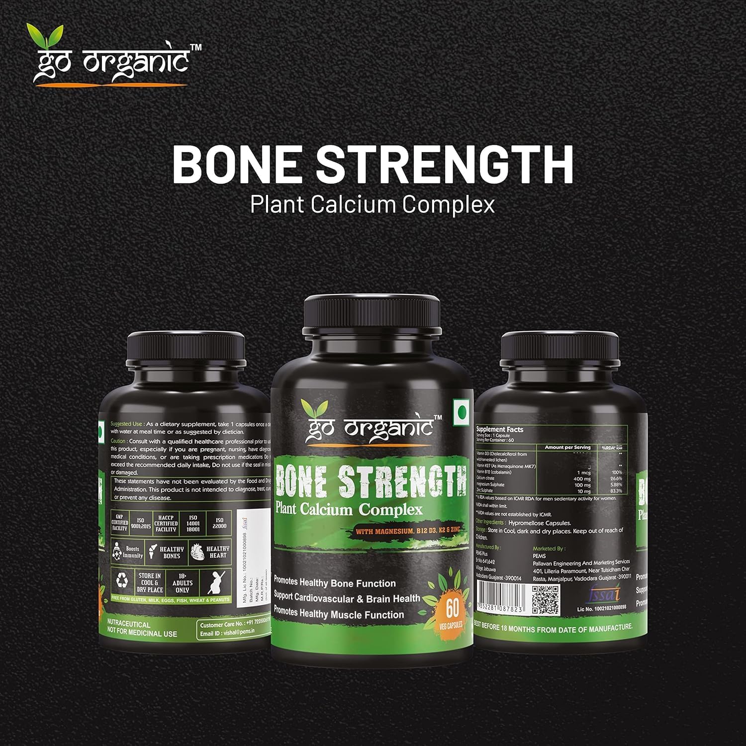 Plant-Based Bone Strength Supplement with 11 Essential Nutrients for Bone Health - GMO, Soy, Gluten Free - 60 Vegan Capsules
