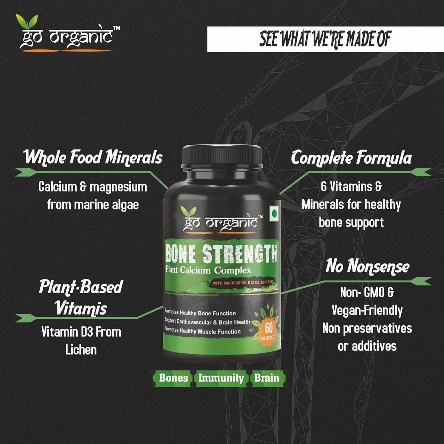 Plant-Based Bone Strength Supplement with 11 Essential Nutrients for Bone Health - GMO, Soy, Gluten Free - 60 Vegan Capsules
