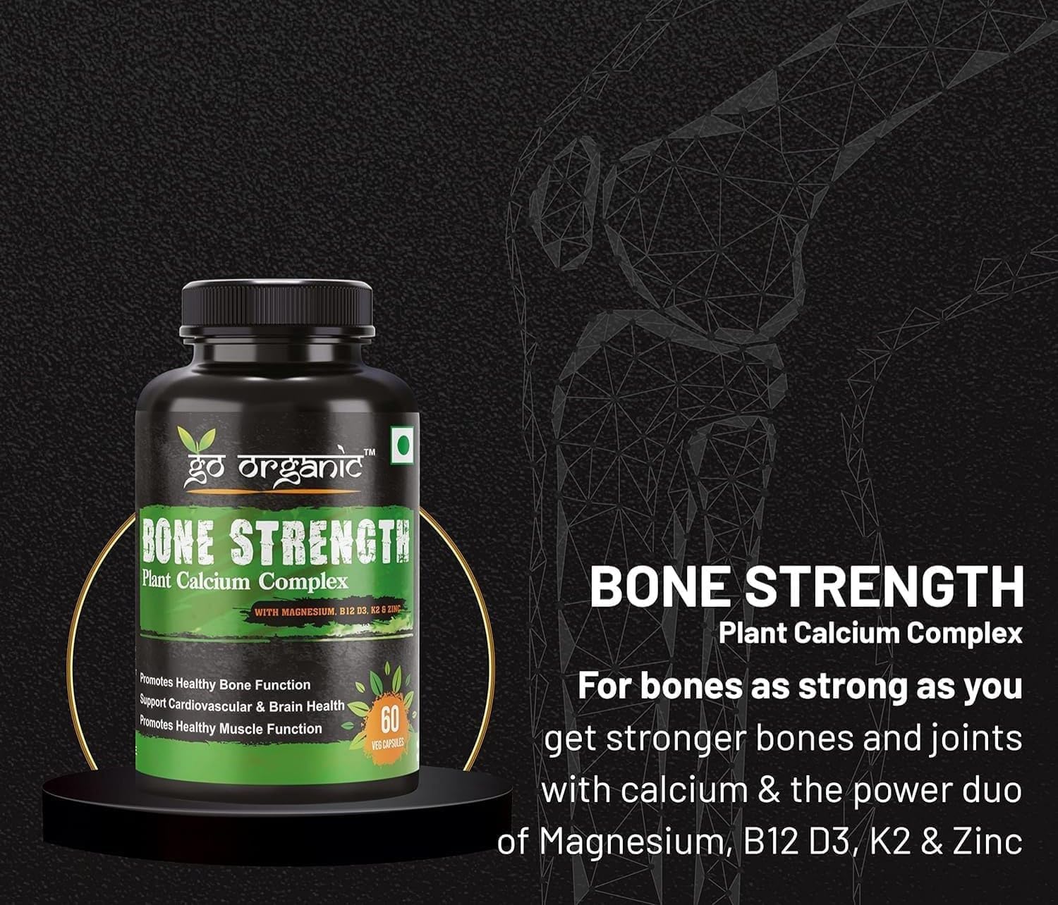 Plant-Based Bone Strength Supplement with Eleven Essential Nutrients - Vegan Capsules for Bone Health - GMO, Soy, and Gluten Free - 60 Whole Food Capsules