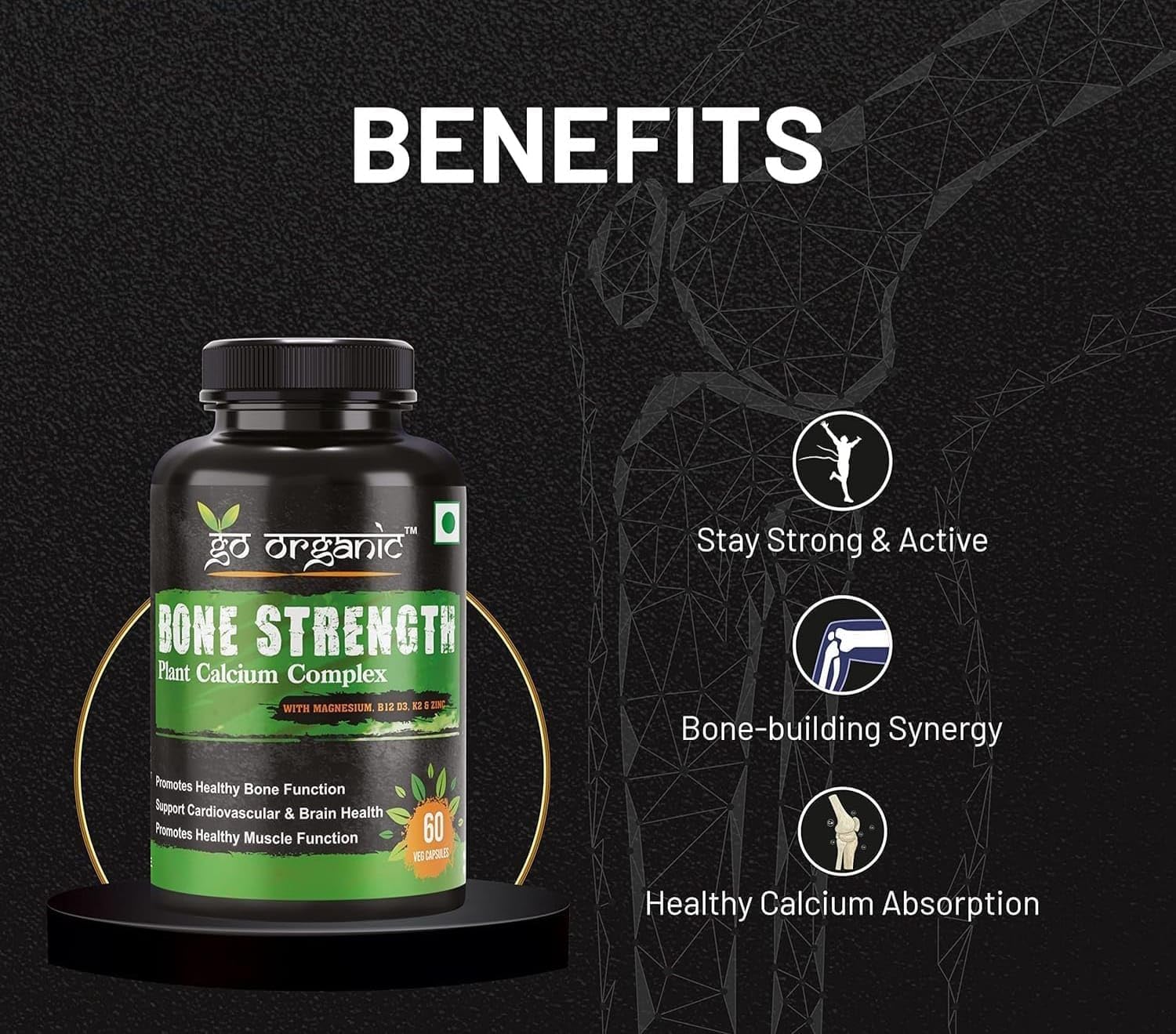 Plant-Based Bone Strength Supplement with Eleven Essential Nutrients - Vegan Capsules for Bone Health - GMO, Soy, and Gluten Free - 60 Whole Food Capsules
