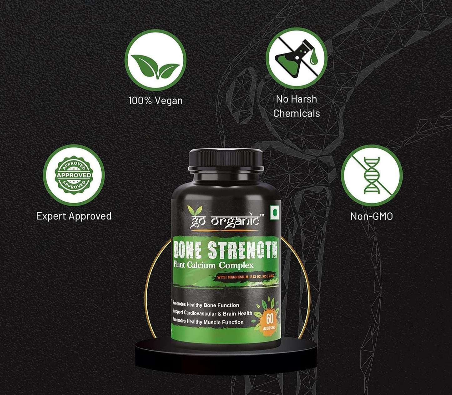 Plant-Based Bone Strength Supplement with Eleven Essential Nutrients - Vegan Capsules for Bone Health - GMO, Soy, and Gluten Free - 60 Whole Food Capsules
