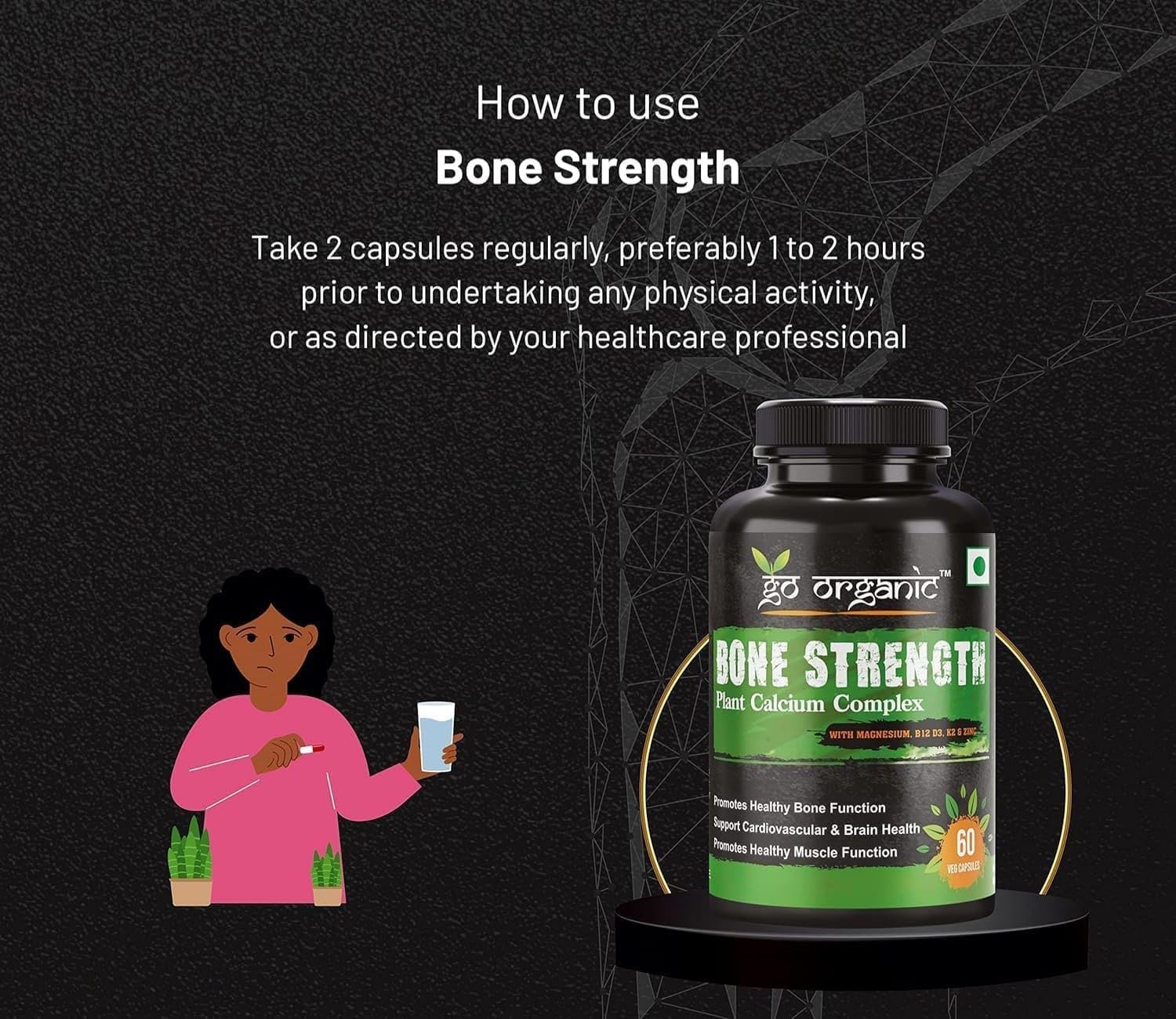 Plant-Based Bone Strength Supplement with Eleven Essential Nutrients - Vegan Capsules for Bone Health - GMO, Soy, and Gluten Free - 60 Whole Food Capsules