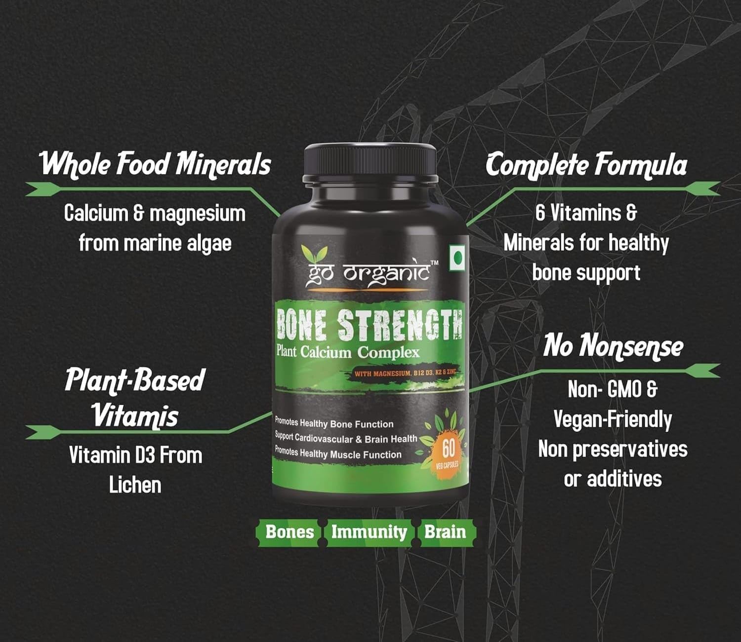 Plant-Based Bone Strength Supplement with Eleven Essential Nutrients - Vegan Capsules for Bone Health - GMO, Soy, and Gluten Free - 60 Whole Food Capsules
