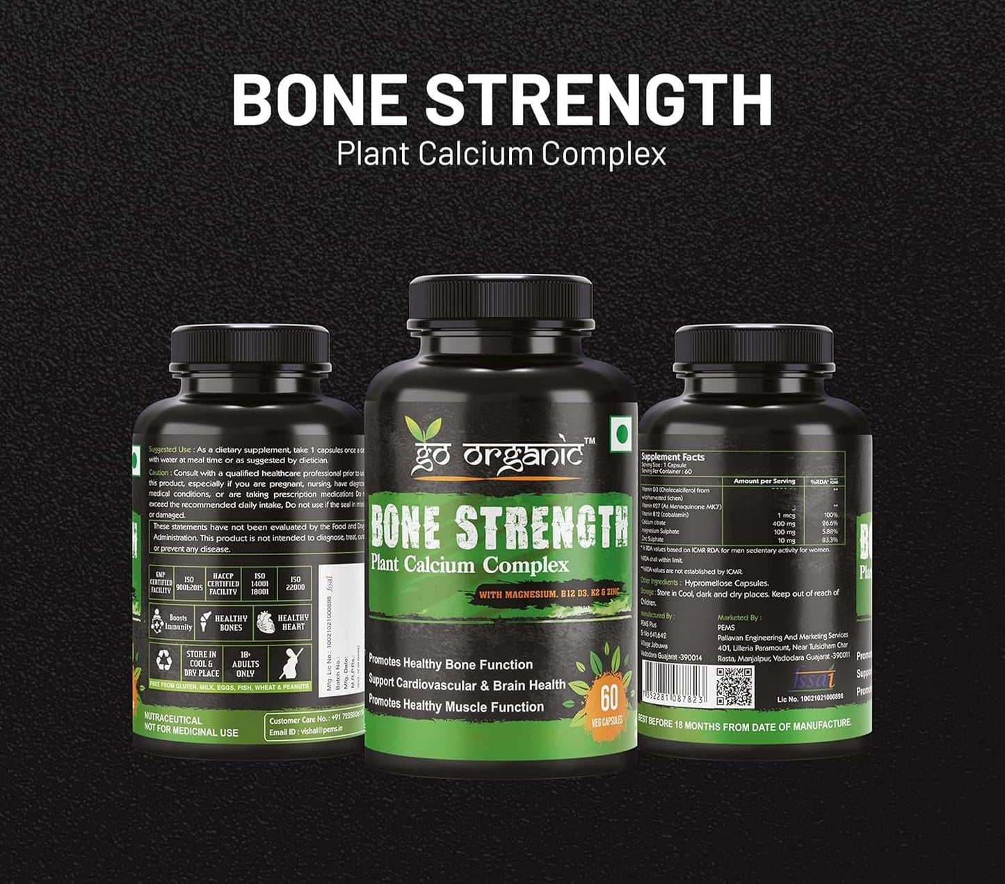 Plant-Based Bone Strength Supplement with Eleven Essential Nutrients - Vegan Capsules for Bone Health - GMO, Soy, and Gluten Free - 60 Whole Food Capsules