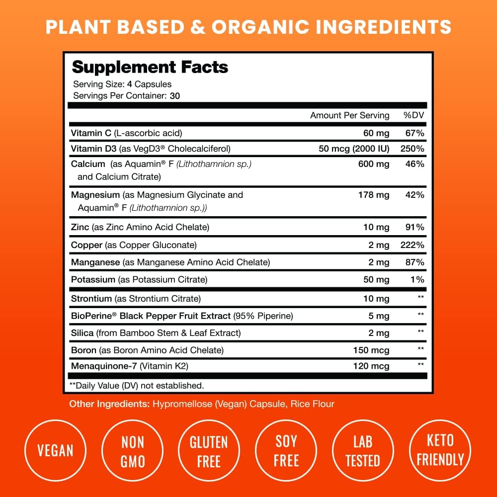 Plant-Based Bone Strength Supplements with 600mg Calcium, Vitamin D3, K2, Magnesium, Potassium, Zinc, Boron & Strontium - 120 Vegan Capsules