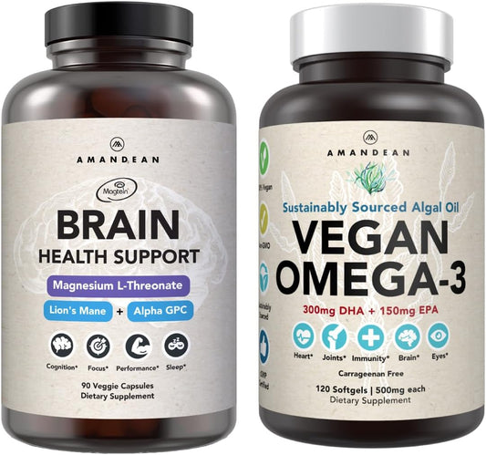 Plant-Based Brain & Omega-3 Bundle: Lion's Mane, Magnesium Threonate, Alpha-GPC, Algae DHA/EPA. Essential Fats for Brain, Eye, Heart & Skin Health. Vegan Fish Oil Alternative.