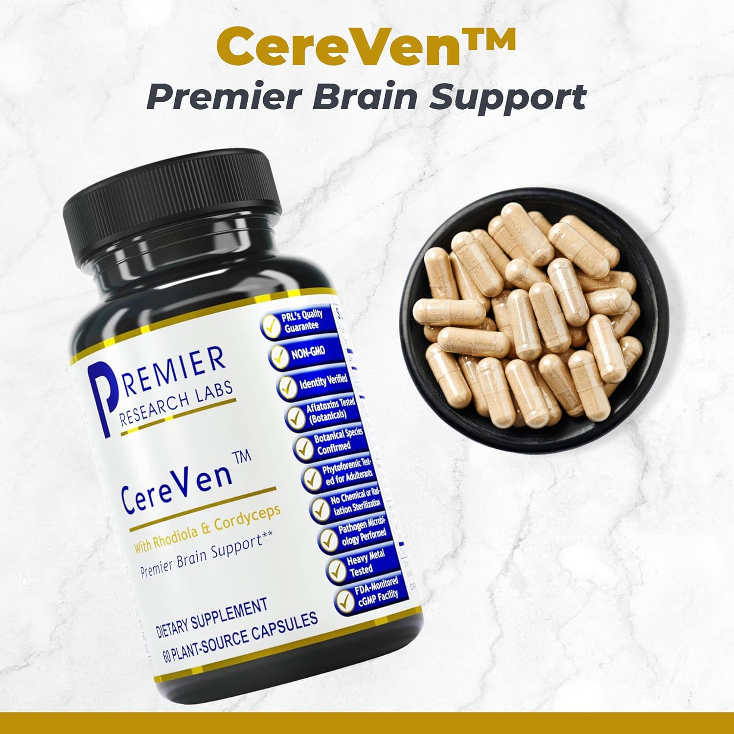 Plant-Based Brain Support Supplement with Rhodiola, Marine Coral, and Turmeric - 60 Capsules