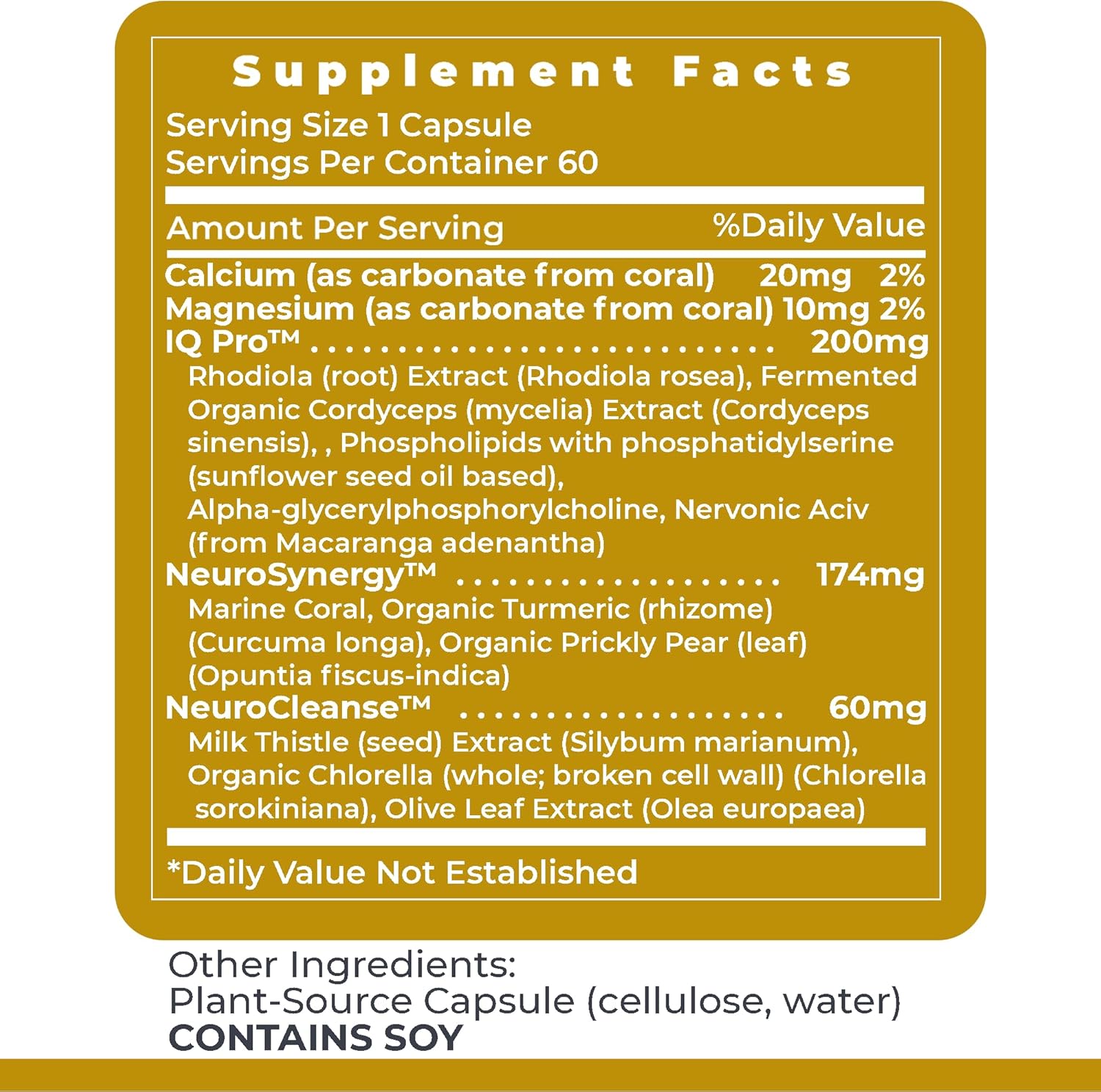 Plant-Based Brain Support Supplement with Rhodiola, Marine Coral, and Turmeric - 60 Capsules