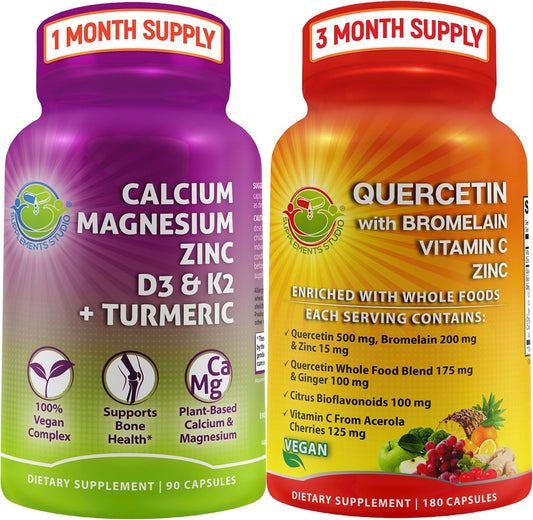 Plant-Based Bundle: Quercetin, Bromelain, Vitamin C, Zinc & Calcium with Organic Whole Food Blend - 500mg Aquamin Calcium