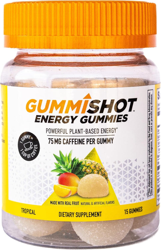 Plant-Based Caffeine Chews for Long Lasting Energy Boost - GummiShot Energy Gummies, Tropical Flavor (15ct)