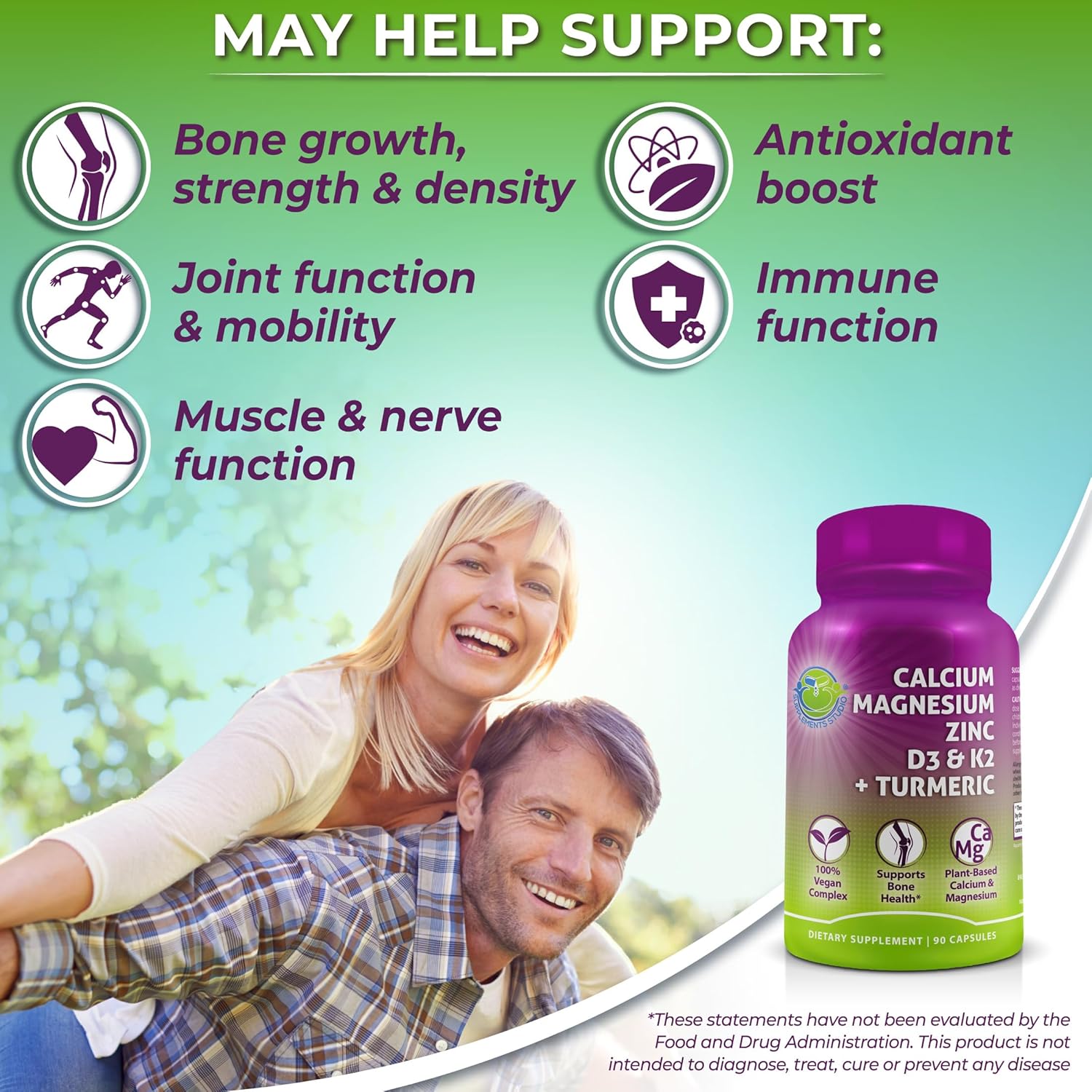 Plant-Based Calcium 500mg with Aquamin, Magnesium, Zinc, D3, K2, Turmeric - Bone & Muscle Health, Immune Support - 90 Count Vegan Supplements