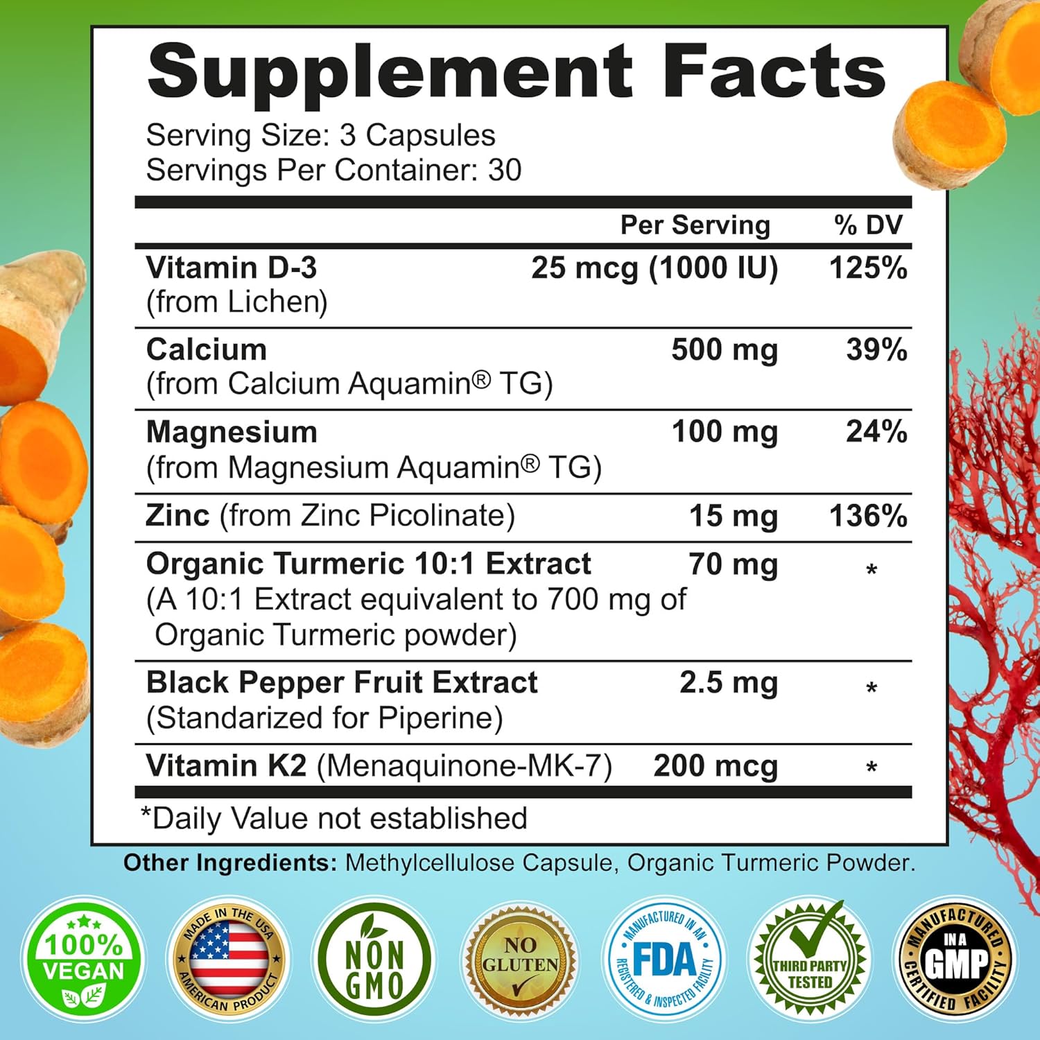 Plant-Based Calcium 500mg with Aquamin, Magnesium, Zinc, D3, K2, Turmeric - Bone & Muscle Health, Immune Support - 90 Count Vegan Supplements