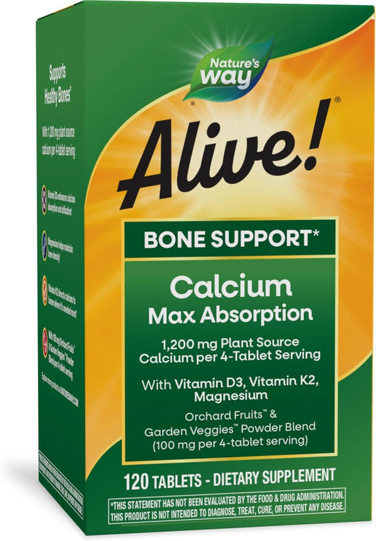 Plant-Based Calcium for Bone Support with Vitamin D3, K2, and Magnesium, 120 Tablets by Nature's Way Alive!