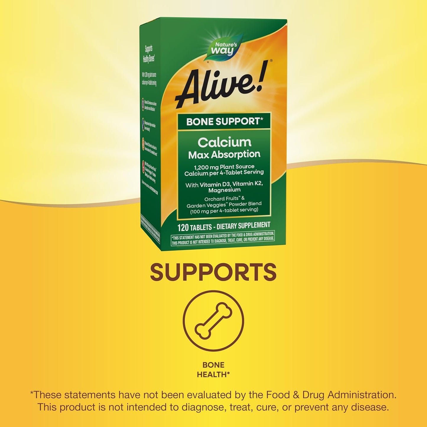 Plant-Based Calcium for Bone Support with Vitamin D3, K2, and Magnesium, 120 Tablets by Nature's Way Alive!