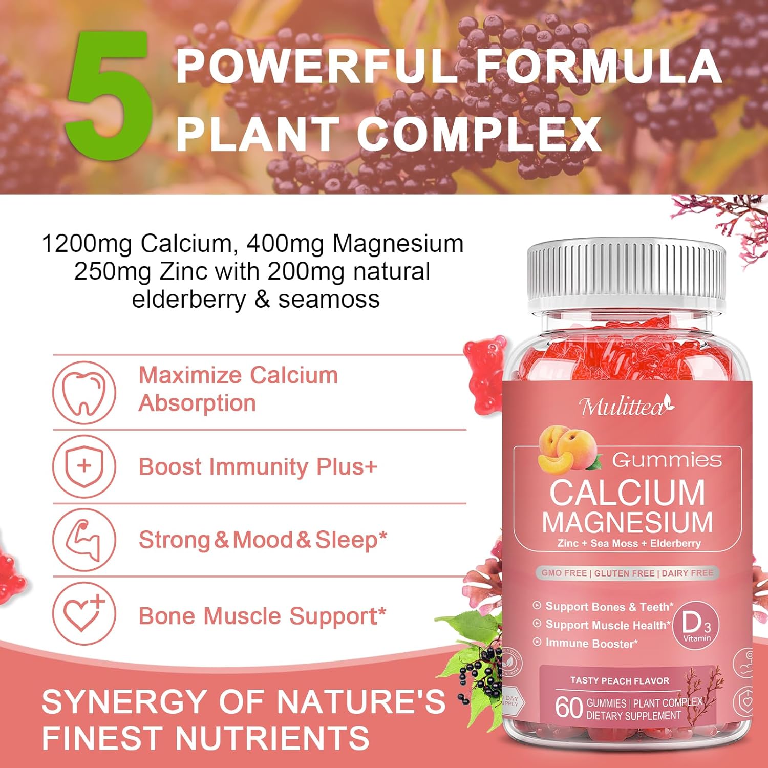 Plant-Based Calcium Gummies with D3, K2, Zinc - Natural Bone and Immune Support Supplement - 120 Chewable Gummy Vitamins