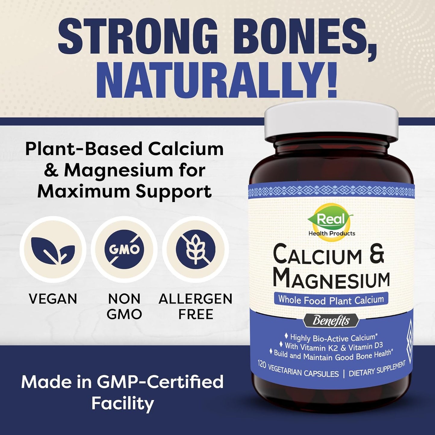 Plant-Based Calcium Magnesium Supplement with Boron, Vitamin D3 & K2 MK-7 - Supports Bone Health, Vegan, Non-GMO, Allergen-Free - 120 Capsules