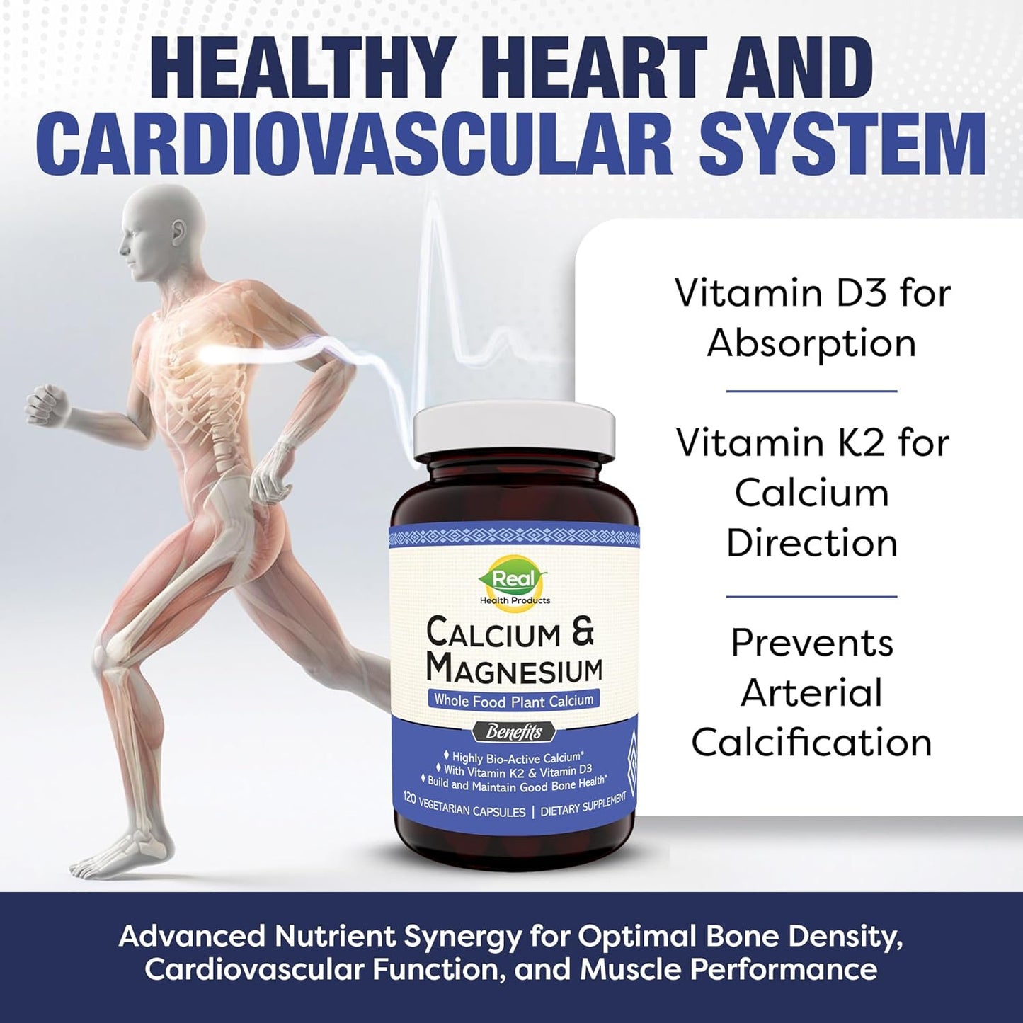 Plant-Based Calcium Magnesium Supplement with Boron, Vitamin D3 & K2 MK-7 - Supports Bone Health, Vegan, Non-GMO, Allergen-Free - 120 Capsules