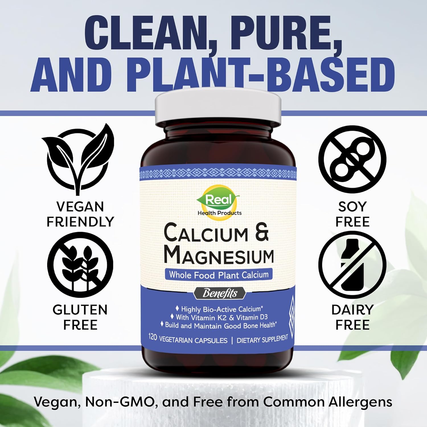 Plant-Based Calcium Magnesium Supplement with Boron, Vitamin D3 & K2 MK-7 - Supports Bone Health, Vegan, Non-GMO, Allergen-Free - 120 Capsules