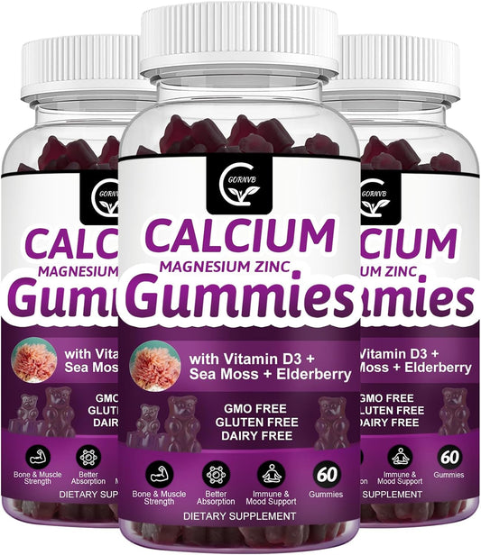 Plant-Based Calcium Magnesium Zinc Gummies with High Absorption - Potassium & Vitamin D3 for Bone Health - Vegan - 3 Pack