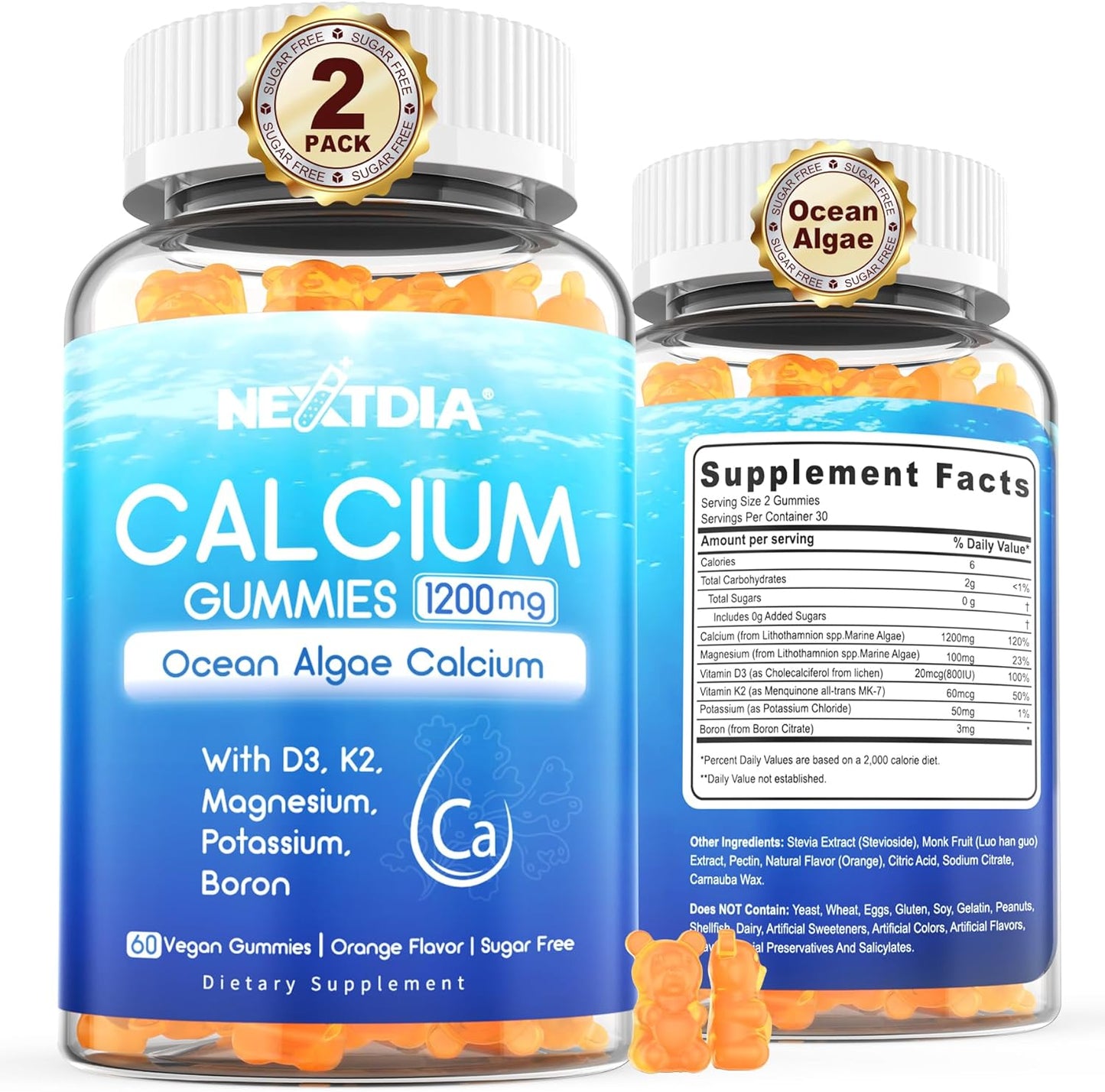 Plant-Based Calcium Supplement with D3, K2, and Magnesium for Bone Health - Vegan Gummies, 2 Pack