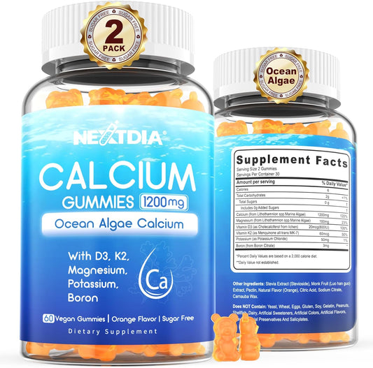 Plant-Based Calcium Supplement with D3, K2, and Magnesium for Bone Health - Vegan Gummies, 2 Pack