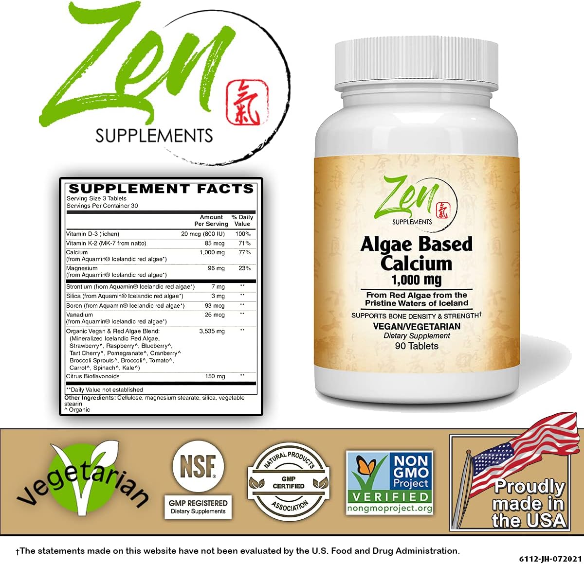 Plant-Based Calcium Supplement with Magnesium, Boron, Vegan D3 & K2 - Promotes Bone Strength - Highly Absorbable Vegan Algae Calcium Tabs
