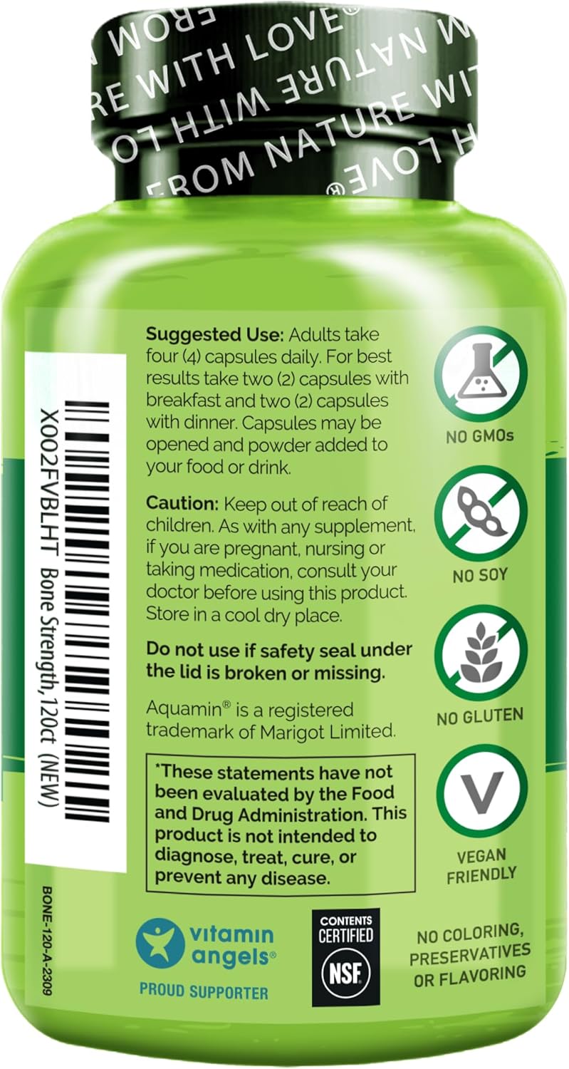 Plant-Based Calcium Supplement with Vitamin C, D3, K2, Magnesium, and Zinc for Bone Strength - 600mg, 120 Vegetarian Capsules - Non-GMO, Soy & Gluten-Free.