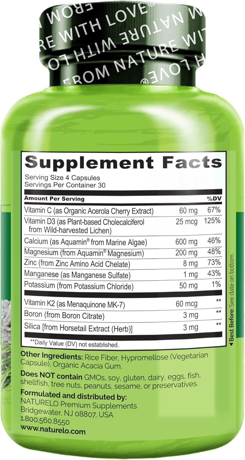 Plant-Based Calcium Supplement with Vitamin C, D3, K2, Magnesium, and Zinc for Bone Strength - 600mg, 120 Vegetarian Capsules - Non-GMO, Soy & Gluten-Free.