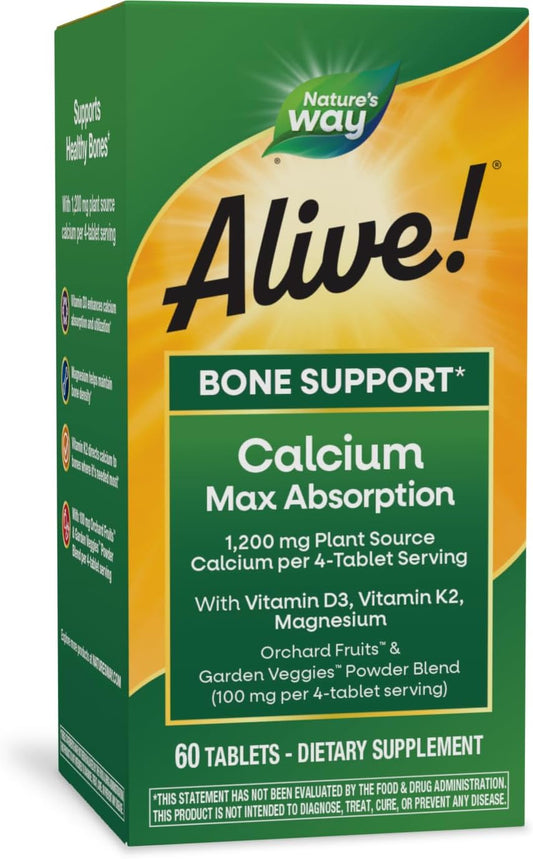 Plant-Based Calcium Supplement with Vitamin D3 & K2 for Bone Health - Nature's Way Alive! Calcium, Magnesium, 60 Tablets