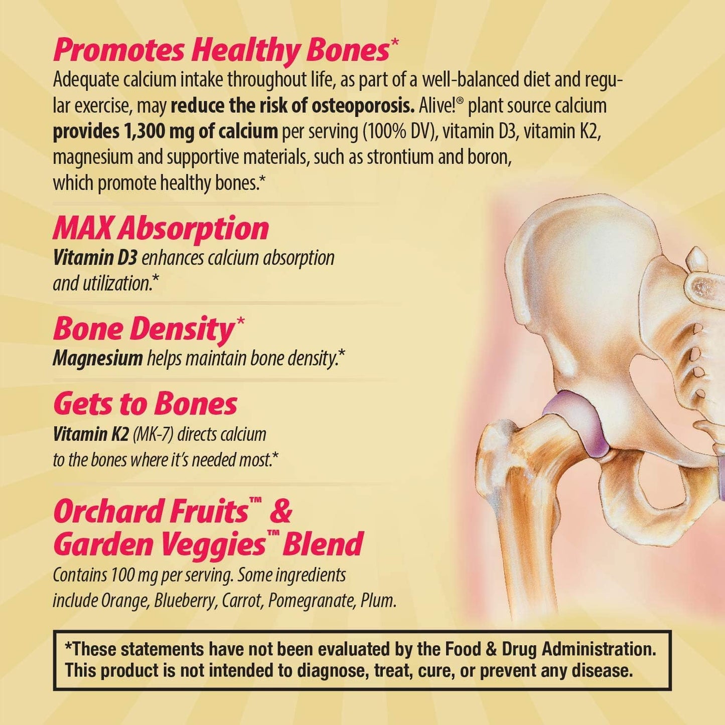 Plant-Based Calcium Supplement with Vitamin D3 & K2 for Bone Health - Nature's Way Alive! Calcium, Magnesium, 60 Tablets