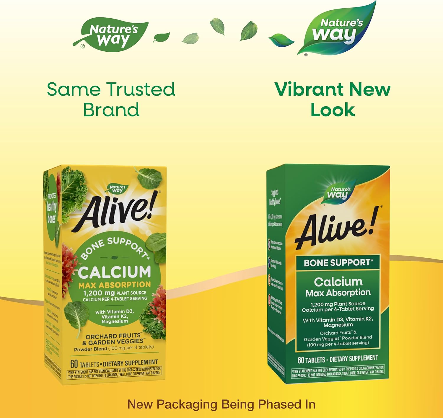 Plant-Based Calcium Supplement with Vitamin D3 & K2 for Bone Health - Nature's Way Alive! Calcium, Magnesium, 60 Tablets