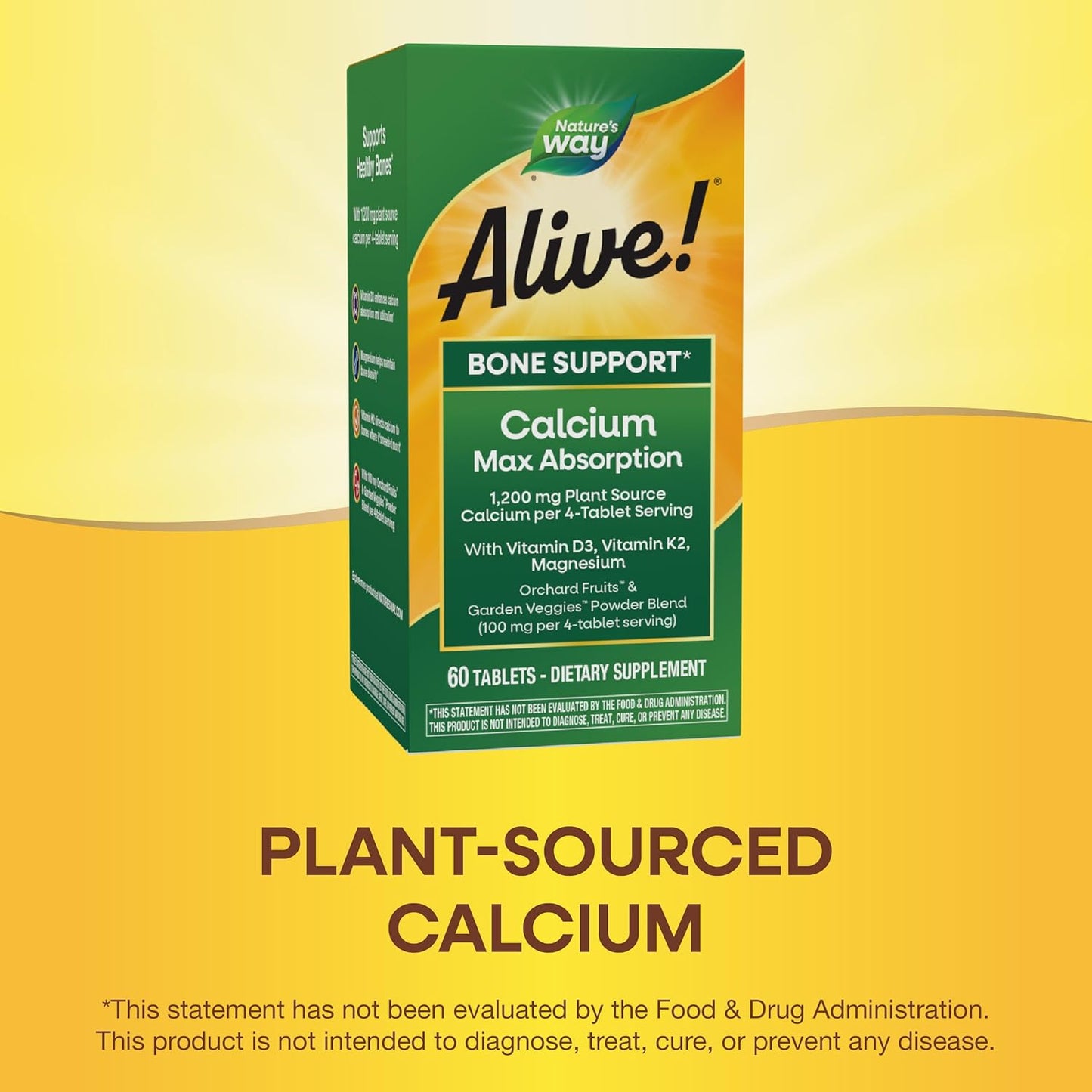 Plant-Based Calcium Supplement with Vitamin D3 & K2 for Bone Health - Nature's Way Alive! Calcium, Magnesium, 60 Tablets