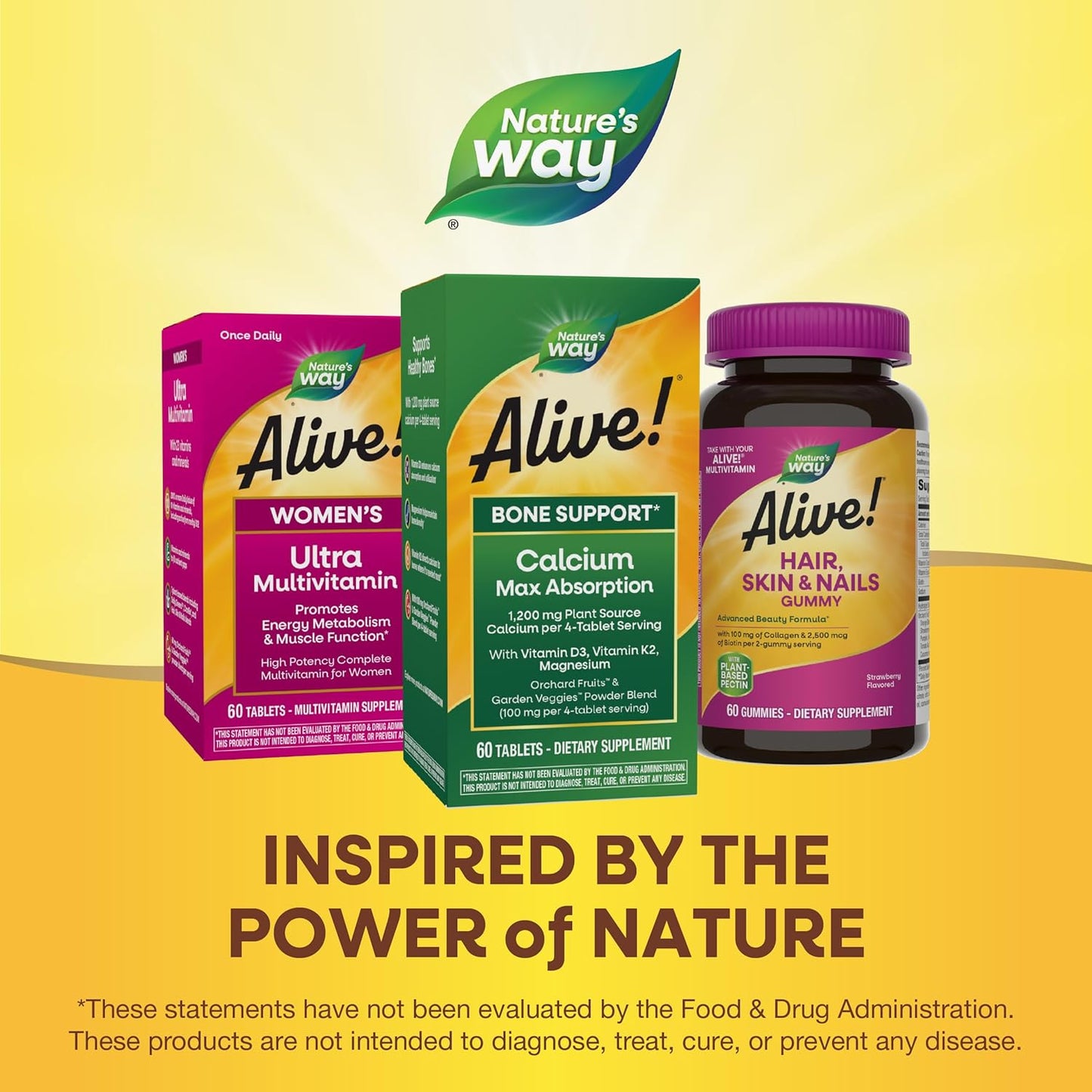 Plant-Based Calcium Supplement with Vitamin D3 & K2 for Bone Health - Nature's Way Alive! Calcium, Magnesium, 60 Tablets