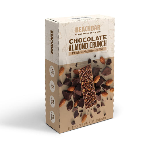 Plant-Based Chocolate Almond Crunch Protein Bar - Vegan Snack, Gluten-Free, Low Glycemic, 10g Protein, 150 Calories - 15 Bars