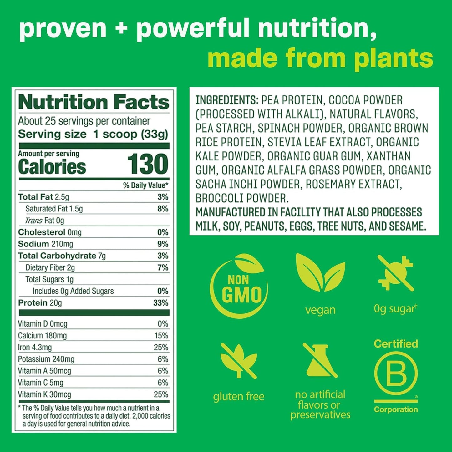 Plant Based Chocolate Protein Powder with 20g Protein - Vega Protein and Greens, Premium Sport Protein, Vegan & Gluten Free