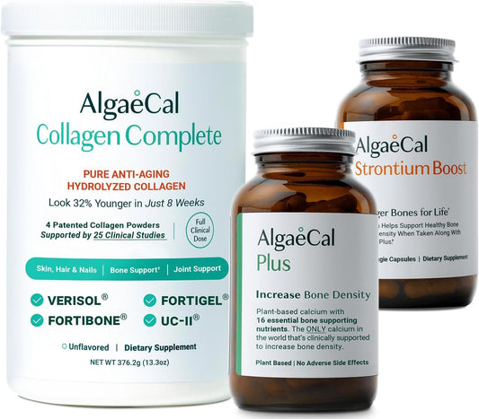 Plant-Based Collagen & Bone Support Bundle with AlgaeCal, Verisol, Fortibone, Fortigel, D3, K2, Magnesium, and 16 Nutrients for Beauty & Bone Health