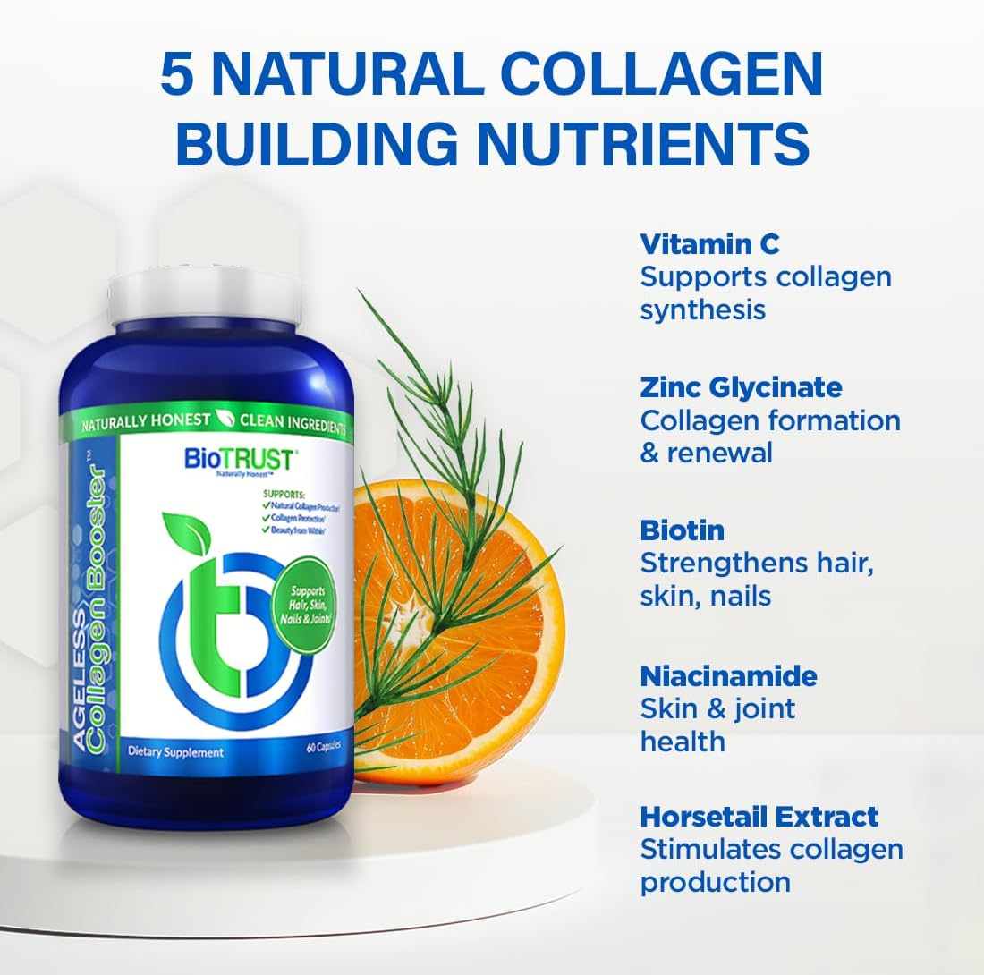 Plant-Based Collagen Builder for Glowing Skin, Hair, Nails & Joints - BioTrust Ageless Collagen Booster, 60 Capsules