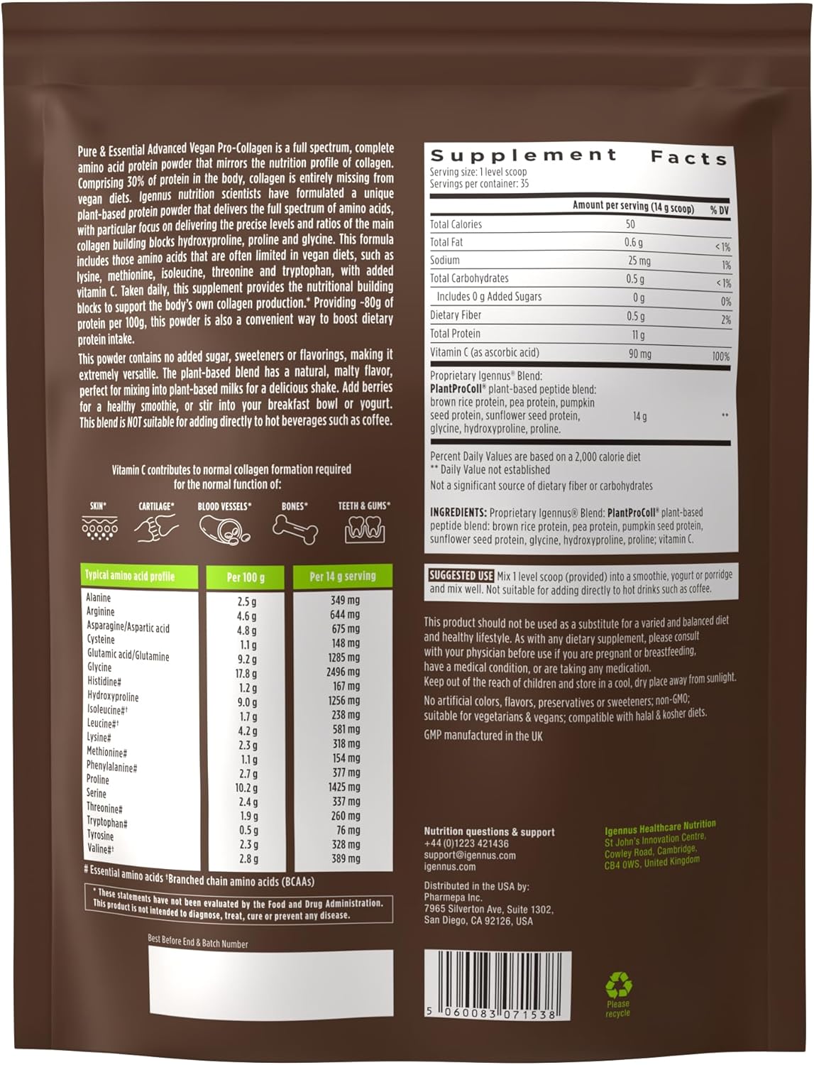 Plant-Based Collagen Peptide Powder with Vitamin C - Vegan Supplement for Skin & Joint Health - Non-GMO Formula - 140 Servings
