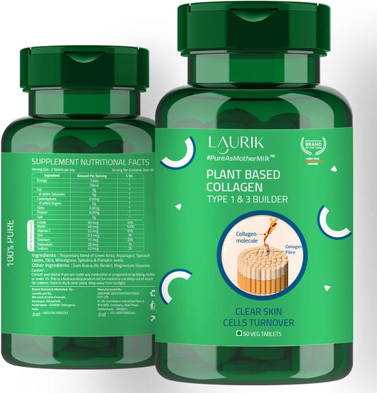 Plant Based Collagen Type 1 & 3 Builder Supplement for Skin Radiance - 60 Tablets