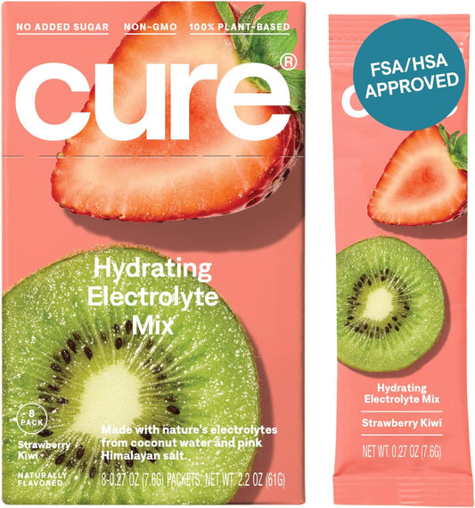 Plant-Based Electrolyte Drink Mix for Hydration Relief - Strawberry Kiwi Flavor - 8 Packets, Non-GMO & Vegan with Coconut Water
