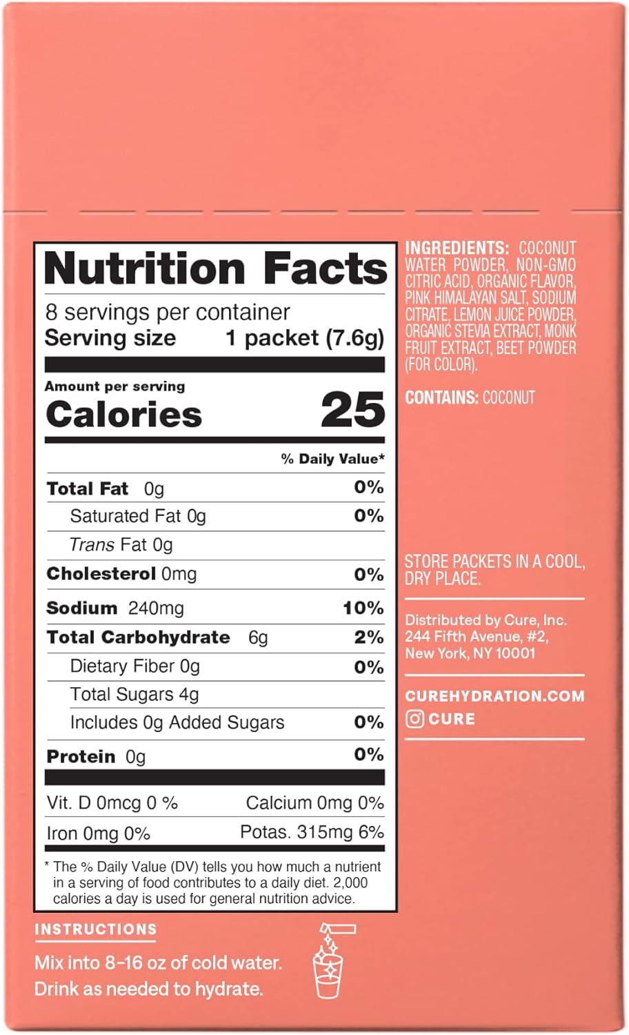 Plant-Based Electrolyte Drink Mix for Hydration Relief - Strawberry Kiwi Flavor - 8 Packets, Non-GMO & Vegan with Coconut Water