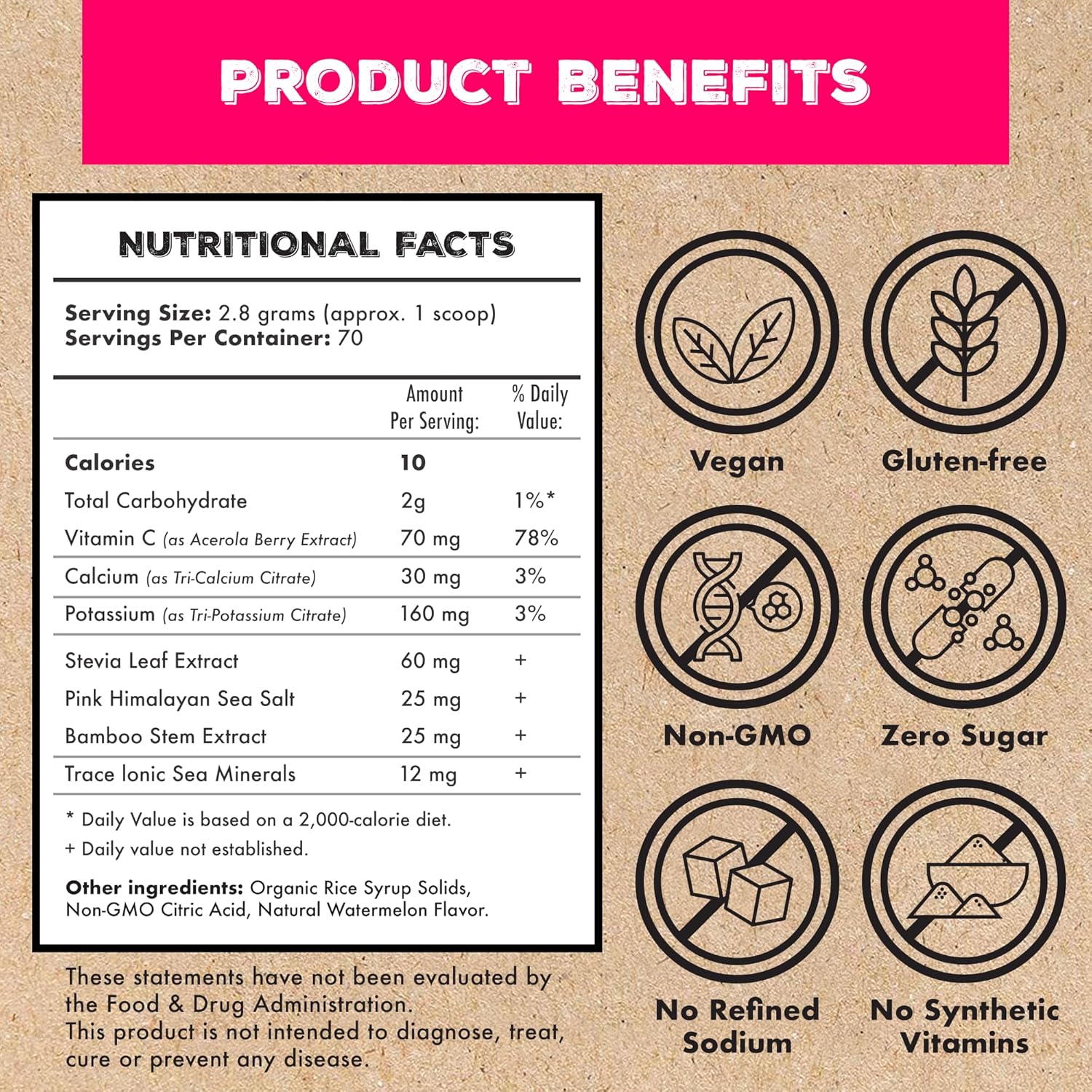 Plant-Based Electrolyte Supplement with Sea Minerals for Hydration & Recovery - Keto Friendly, Non-GMO, Vegan Sports Drink Powder - Watermelon Flavor (70 Servings)