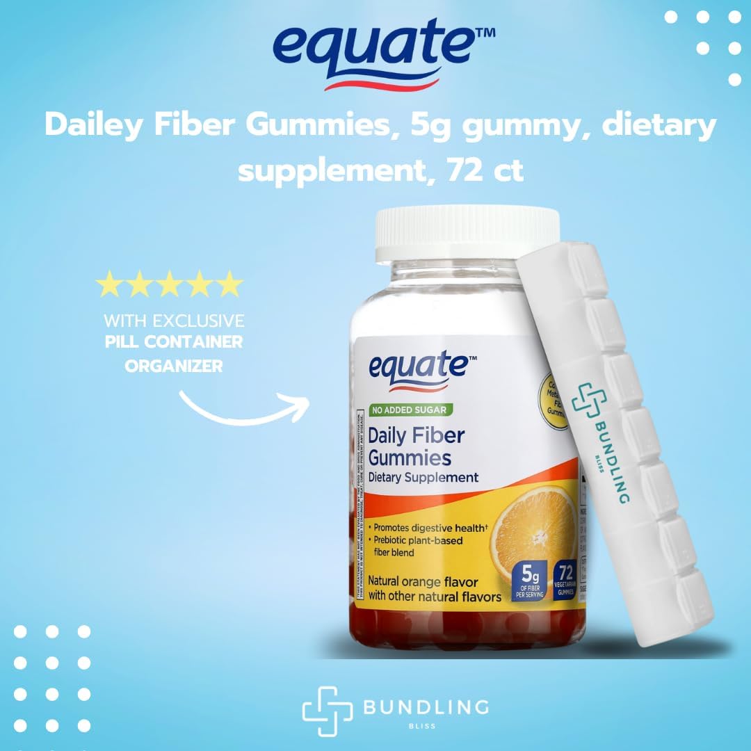 Plant Based Equate Daily Fiber Gummies Dietary Supplement Bundle with 7 Day Pill Organizer - 72 Count