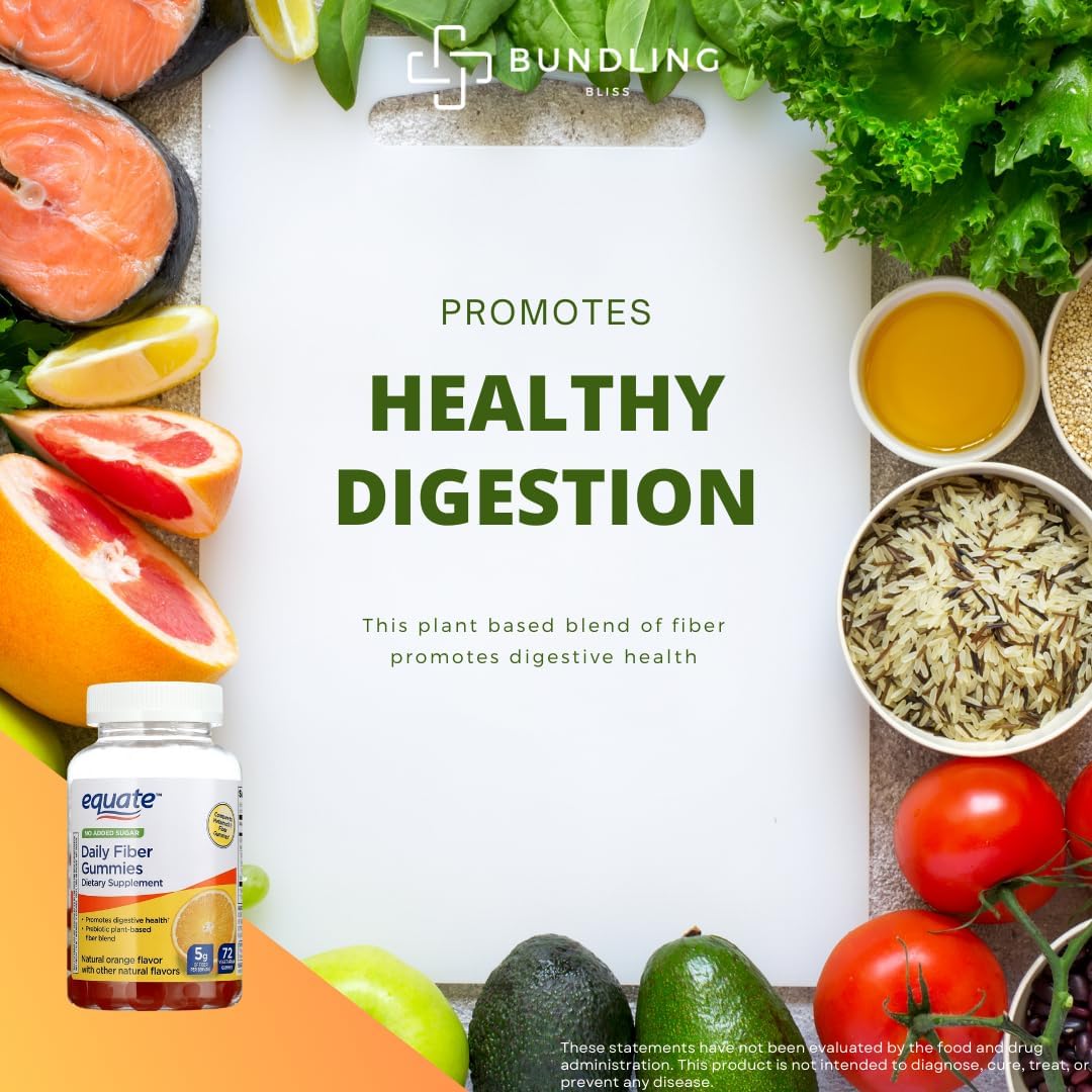 Plant Based Equate Daily Fiber Gummies Dietary Supplement Bundle with 7 Day Pill Organizer - 72 Count