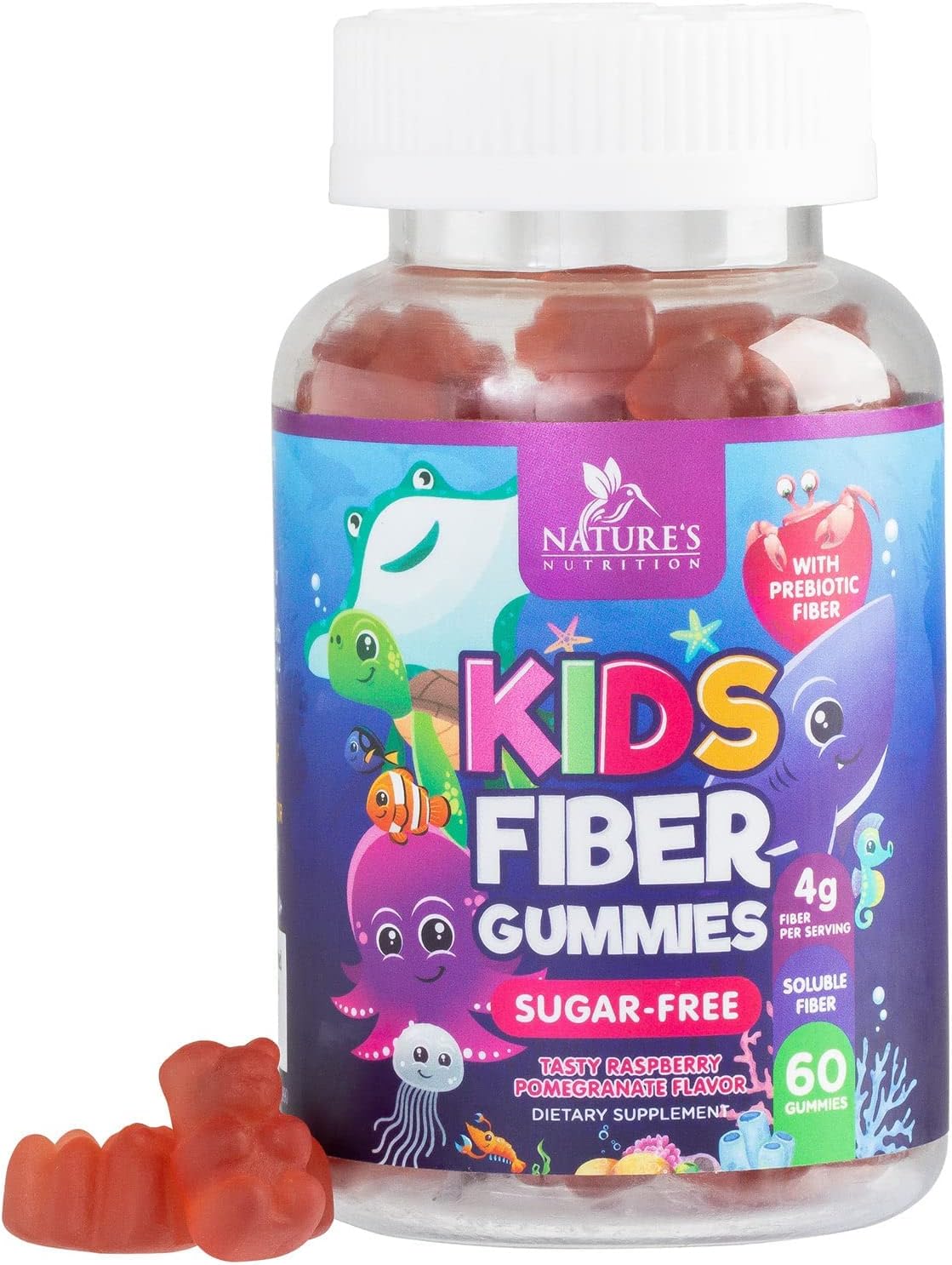 Plant-Based Fiber Gummies for Kids - Sugar-Free Prebiotic Blend for Digestive & Immune Health - Vegan Raspberry Bears - 60 Gummies